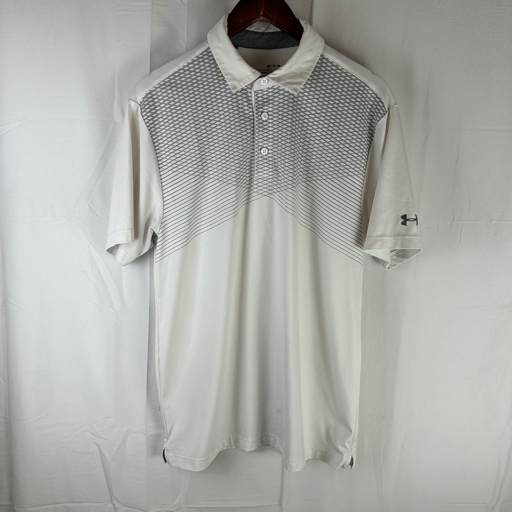 Under Armour Polo Shirt Mens Medium White Grey Geometric HeatGear Loose Fit